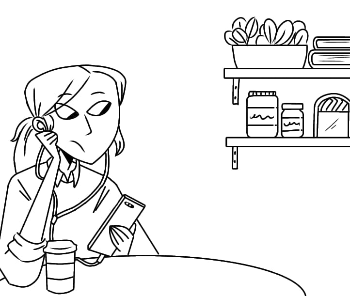 a woman sitting at a table with a cup of coffee. Checking her phone. Diane Mulolo Faida