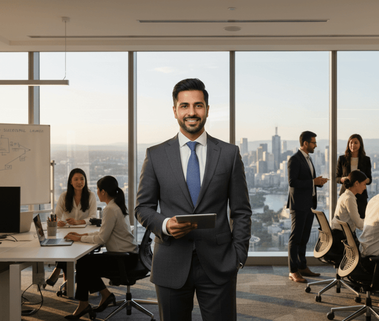 A Pakistani professional in a modern Australian office, showcasing career success
