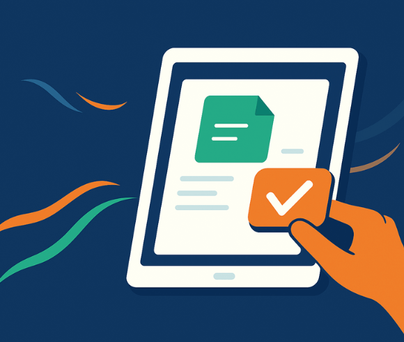 flat design 2.0 di una mano stilizzata che preme un pulsante di conferma su un tablet, simbolo della semplicità digitale 