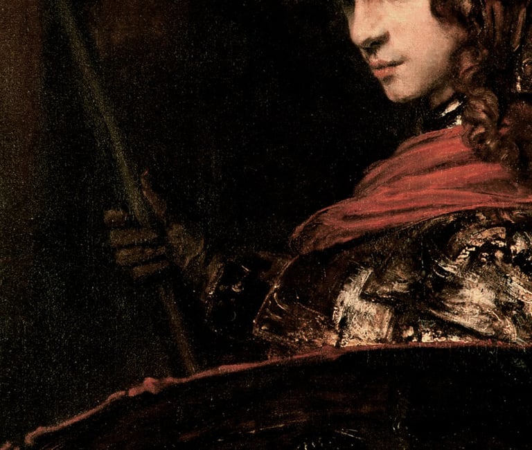 a painting of Athena wearing armour