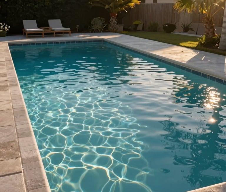 Wide residential pool in a Coastal Orange County backyard photographed from a low angle at golden hour, crystal-clear water surface catching late afternoon light, clean tile edge and coping in sharp focus, palm frond visible at the upper right, no people
