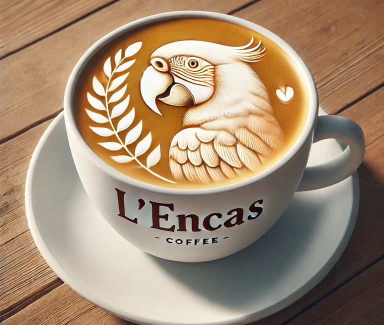 tasse de café l'encas avec un perroquet dessiné avec la mousse du café
