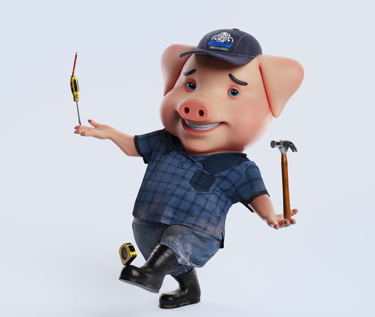 personagem cartoon, porco que trabalha numa ferragem, desastrado, 3D render, posição natural