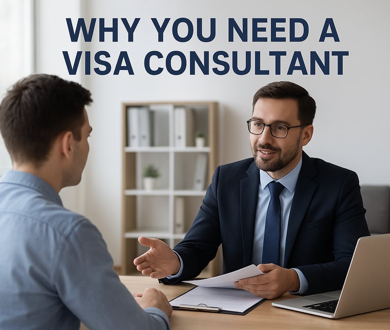 Visa consultant guiding client during visa application discussion.