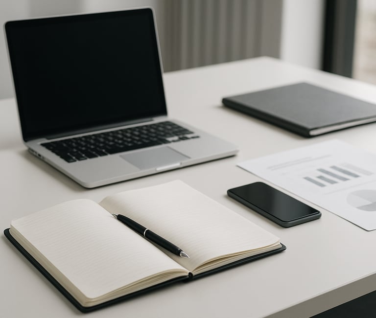 Modern photography of a clean workspace in a Northern European office. A sleek laptop sits next to official-looking incorporation documents and a designer pen. Soft morning light, professional atmosphere, navy blue and silver accents.