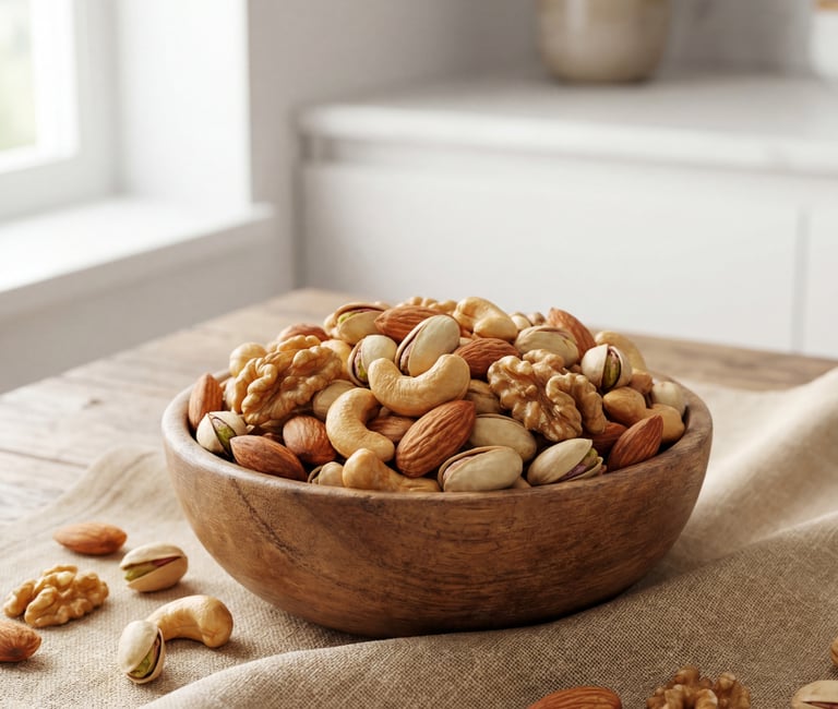A wooden bowl filled with a healthy mix of almonds, cashews, walnuts, and pistachios on a rustic table.