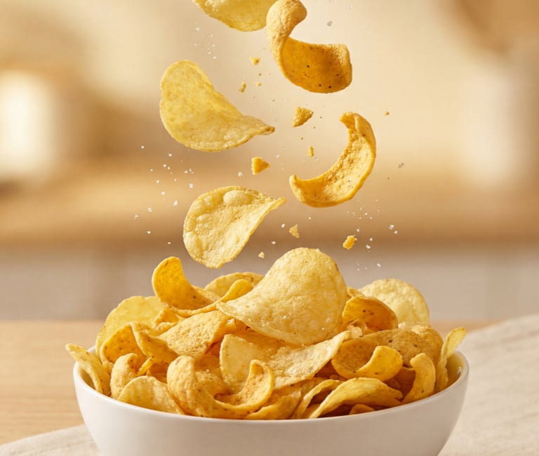 Crispy golden potato chips falling into a white ceramic bowl with scattered sea salt.