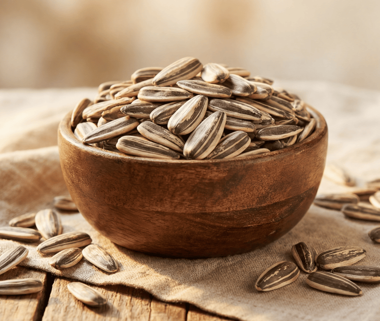 A wooden bowl filled with roasted striped sunflower seeds on a rustic linen cloth.