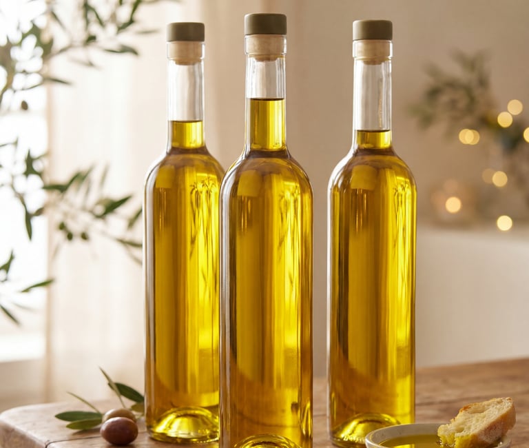 Three glass bottles of golden extra virgin olive oil on a rustic wooden table with fresh olives and bread.