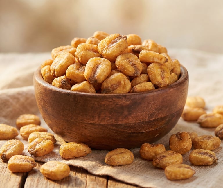 Crunchy roasted corn nuts served in a rustic wooden bowl on a burlap cloth.