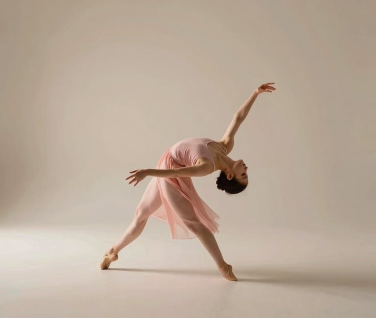 A contemporary dancer performing a graceful floor sequence, natural, diffused daylight, warm beige and powder pink tones, expansive studio space.