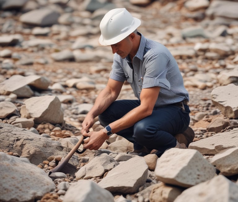 A large open-pit mine with a yellow excavator positioned at the center, surrounded by layered rock formations exhibiting varied shades of brown and gray. The broad expanse of the mining area showcases distinct strata and erosion patterns carved into the earth.