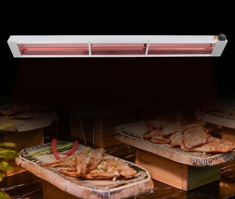 a table with food and a red light on it