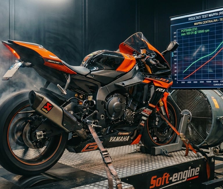 Test di ottimizzazione delle prestazioni su banco prova Soft-engine per una moto da corsa
