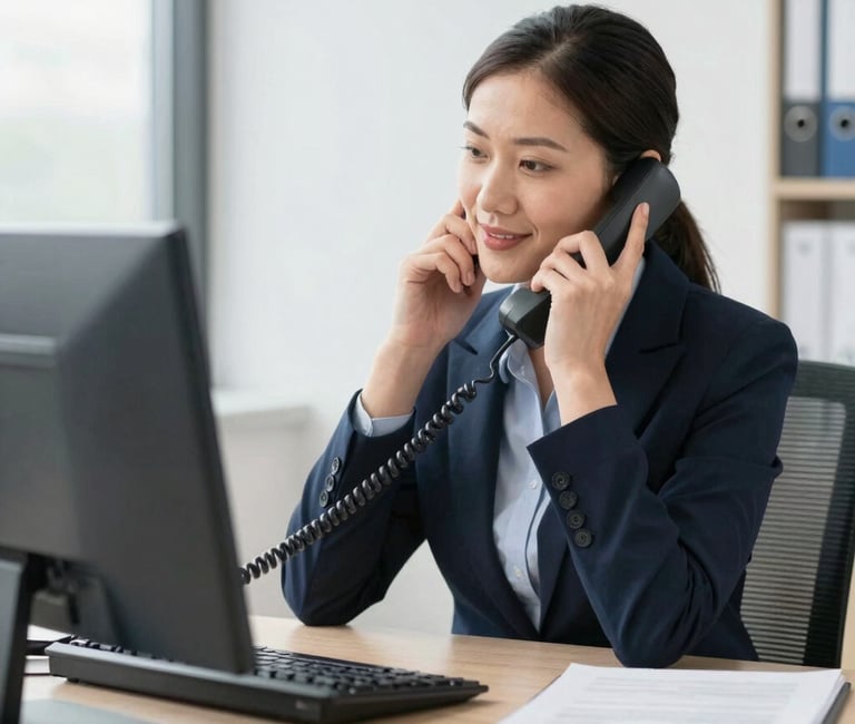 A friendly customer service representative speaking on the phone with a contractor in the background.