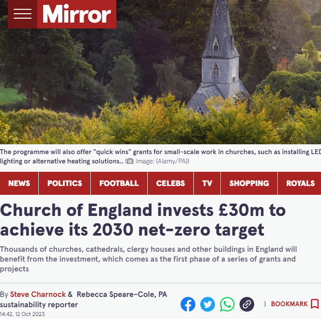 Newspaper headline Church of England invests £30million to achieve its 2030 net-zero target.