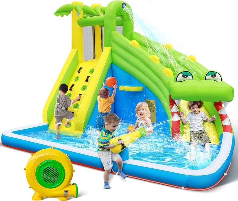 TOAOB Inflatable Water Slide：5 in 1 Crocodile Bounce House Water Park for Kids - Climbing Wall Splas
