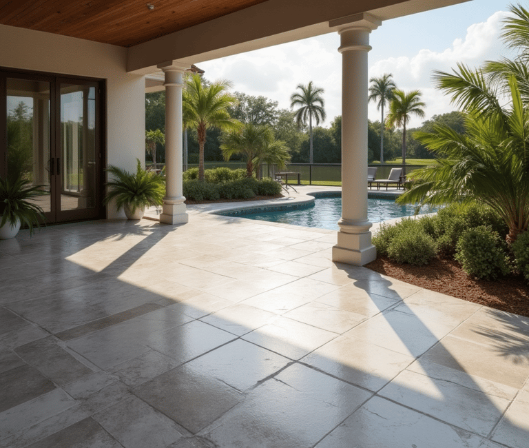 a concrete patio with a pool