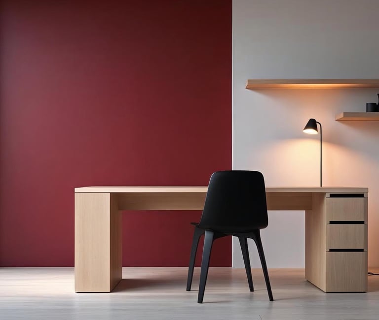 Deep red accent wall behind a wood desk in a home office with black chair and warm lighting.