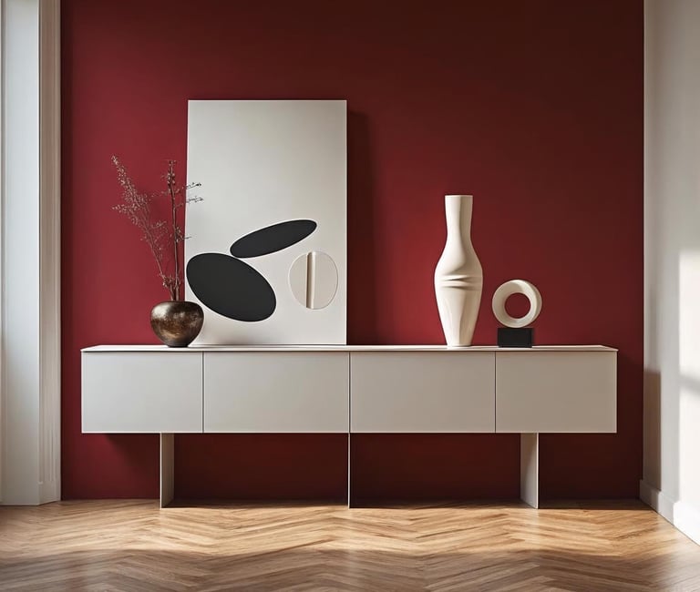 Ruby red painted entryway wall with a console table, sculptural vase, and herringbone flooring.