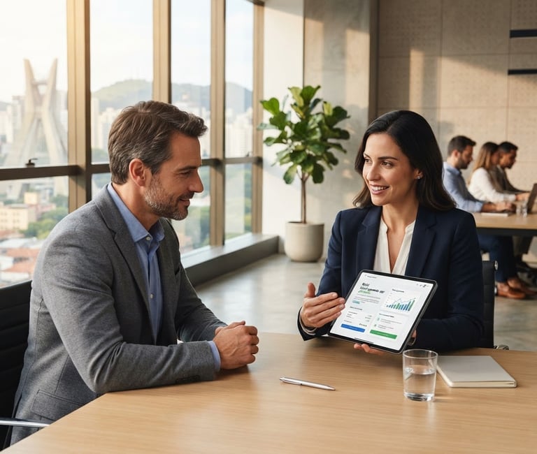 Bright modern real estate agency office in São Paulo, a professional showing a digital rental guarantee interface on a tablet, warm natural light, clean architectural background