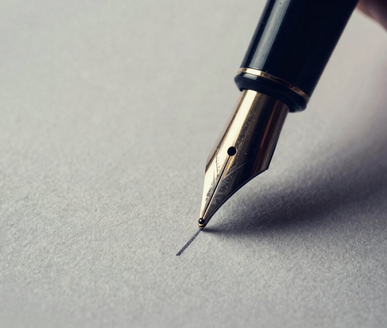 Extreme close-up of a high-quality fountain pen nib drawing a fine line on heavy textured paper, dark navy shadows, subtle warm gold highlights, editorial architectural photography style, 35mm