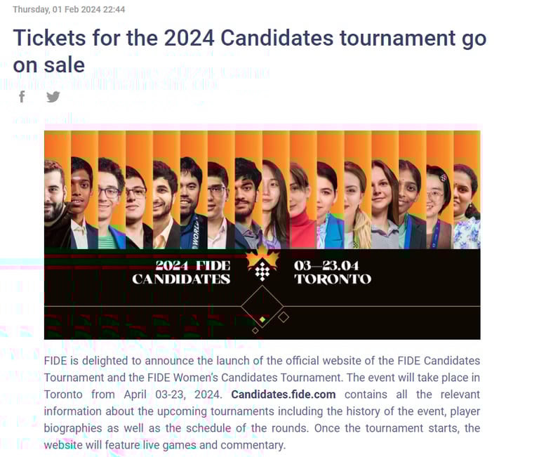 Tickets for the 2024 FIDE Chess Candidates tournament in Toronto. Fabiano. Ju Wenjun. Hikaru. 