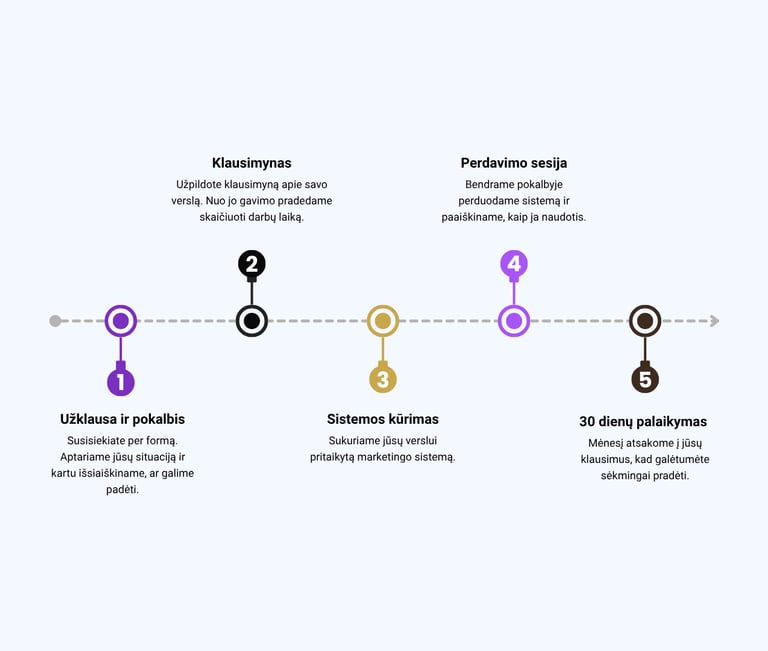 Digital Motive smulkaus verslo marketingo sistemos kūrimo penki žingsniai infografikas