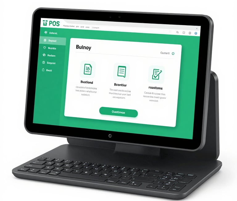 Smartphone, tablet, payment terminal, and coins on table