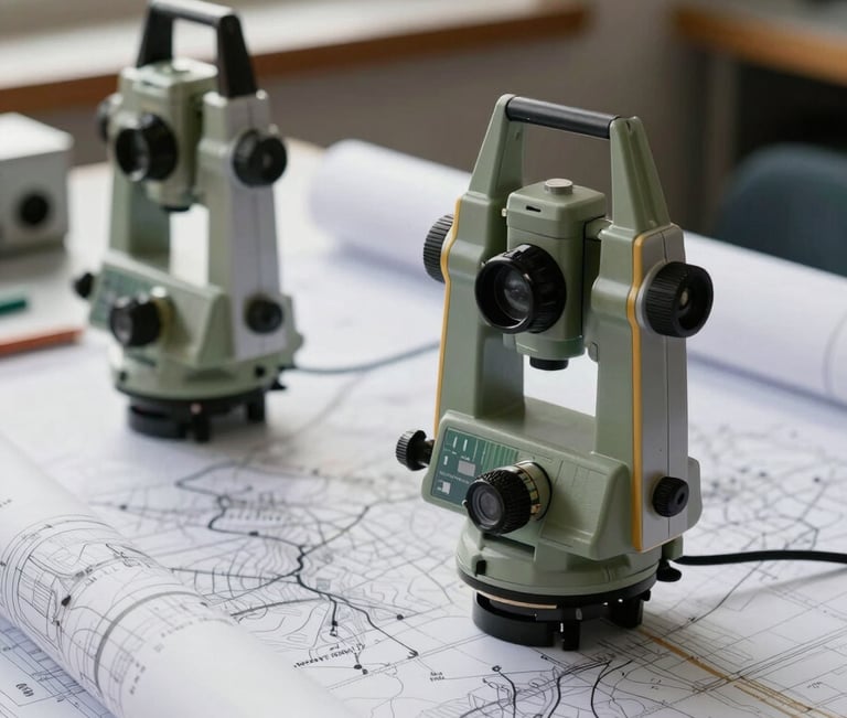 Close technical detail of topographic survey instruments and rolled site plans on a drafting table, natural window light, no people, precise and ordered composition