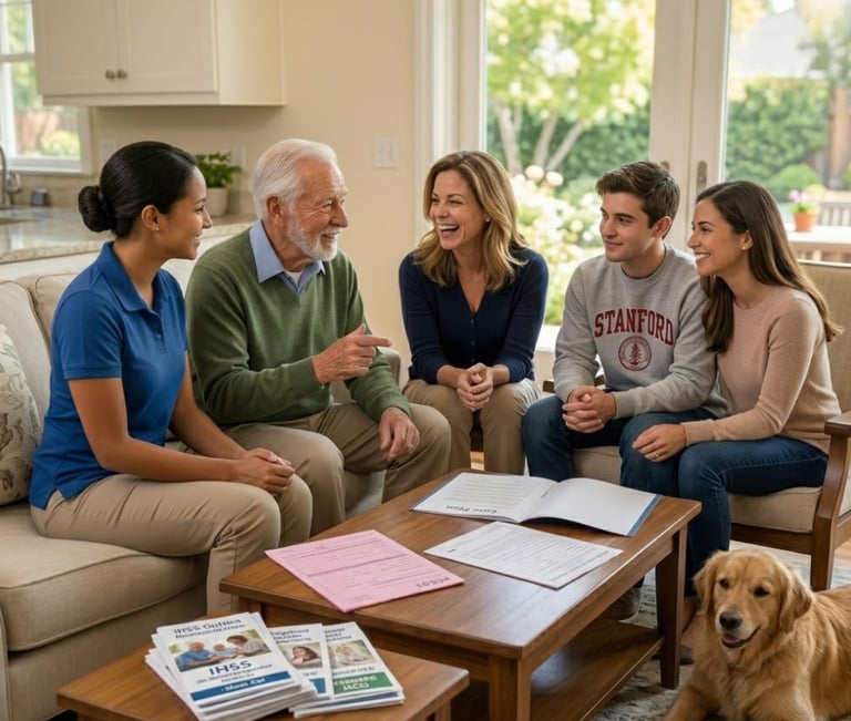 A family and professional caregiver discussing IHSS home care services for an elderly man in a living room.