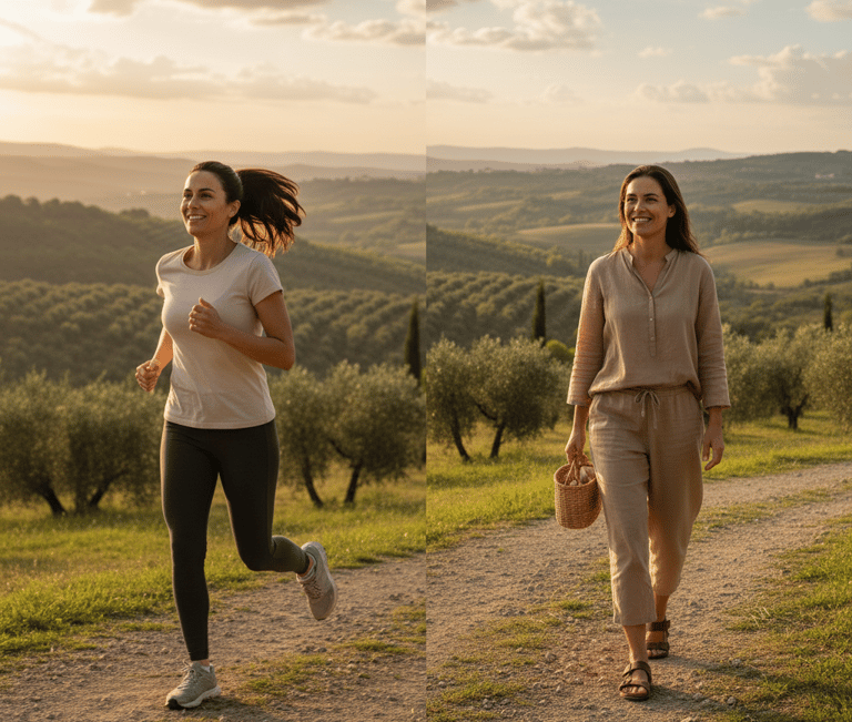 a split image of a lady running and walking