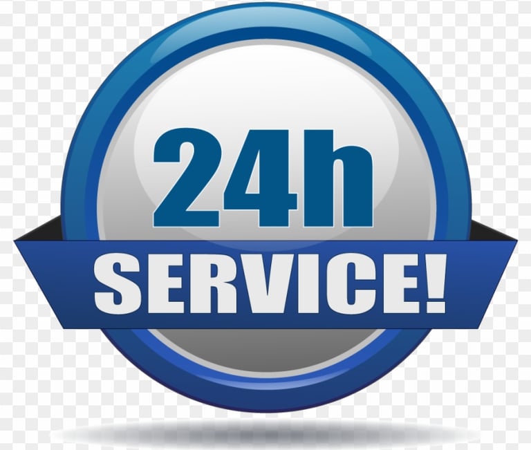 a service center with a blue ribbon around the logo