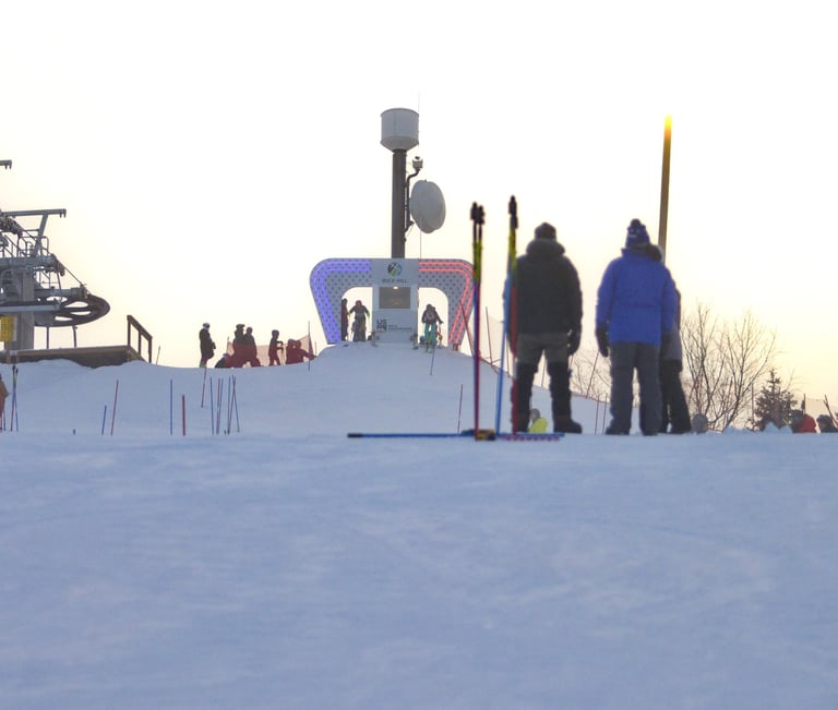 a group of people skiing down a snowy slope