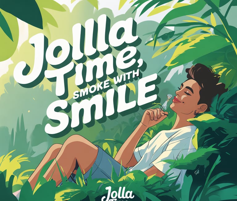 Illustrated poster for Jolla Time featuring a smiling person relaxing in lush green tropical leaves.