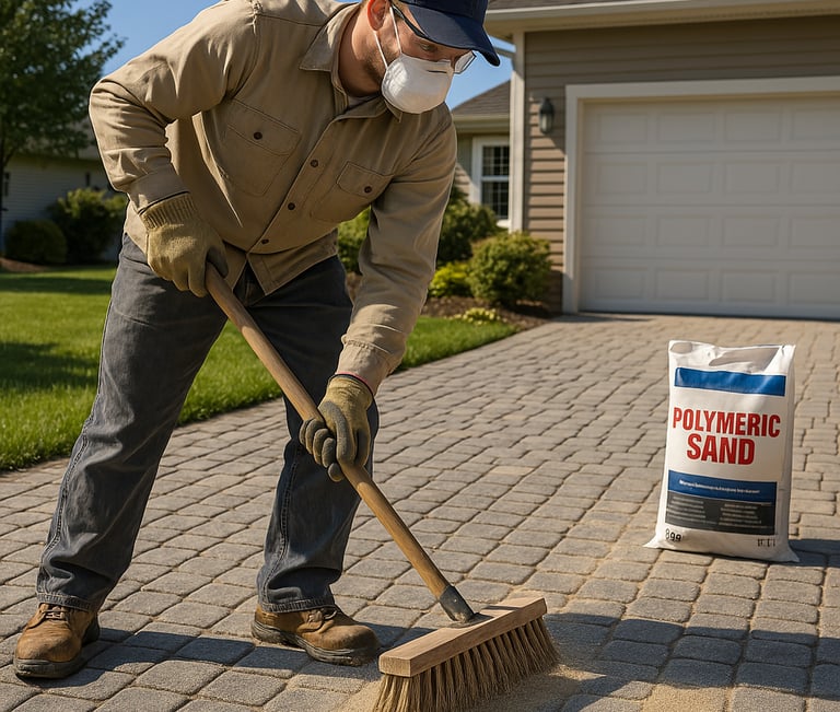 Polymeric sand being swept into interlock paver joints in Toronto