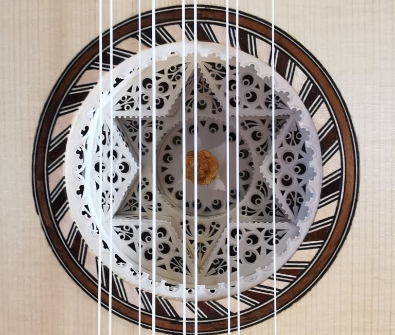 Ornate barque guitar rosette in parchment after Jean Voboam.