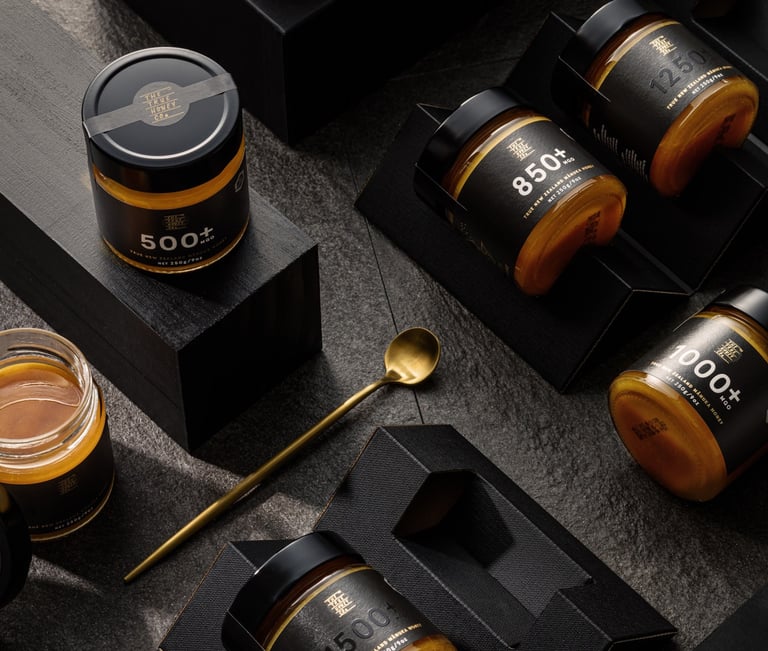 Product photography - a variety of jars of honey styled