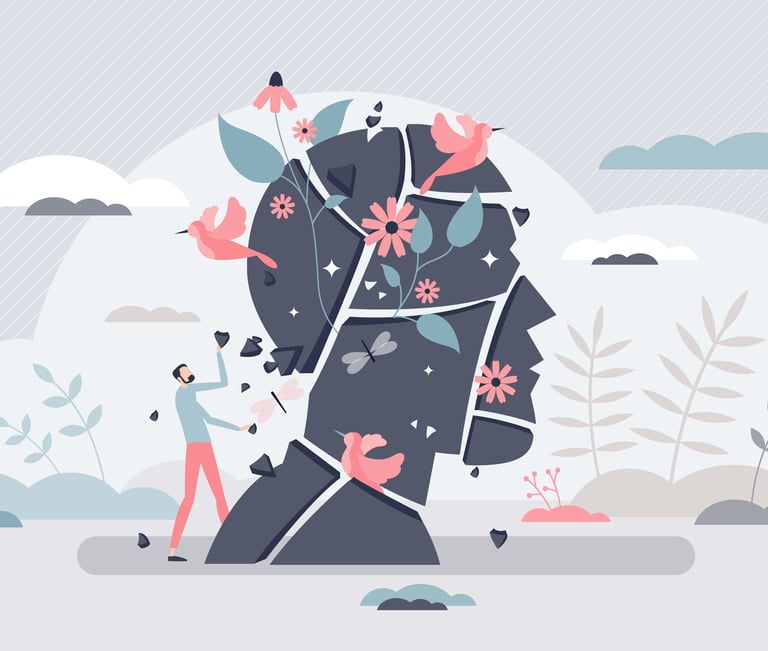 Symbolique de la psychothérapie, homme qui travaille sur son mental, sa psyché, son cerveau