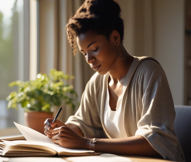 Woman journaling by a window, soft morning light casting a gentle glow across her thoughtful pause