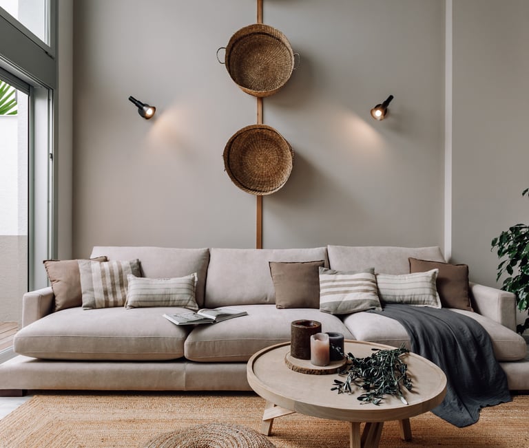 Living area with wooden elements, natural fibers and calm color palette in Barcelona interior design