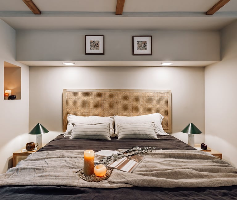 Bedroom design with natural wood furniture, rustic decor, calming tones residential interior