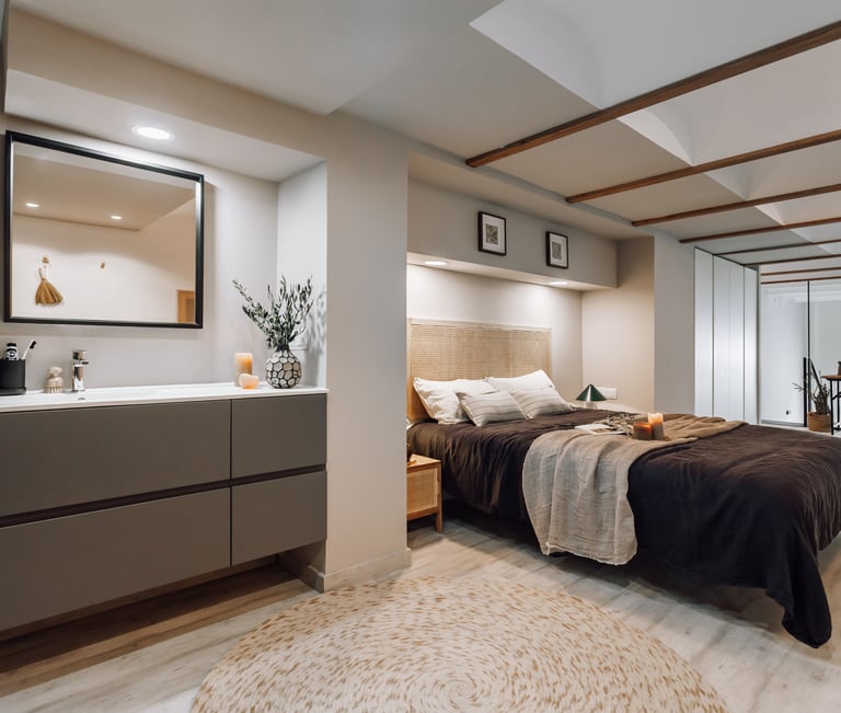 Bedroom design with natural wood furniture, rustic decor, calming tones residential interior