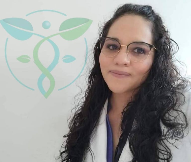 a woman in a lab coat and glasses