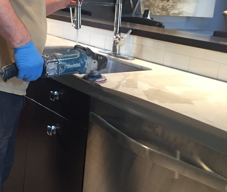 Small handmachine with highest quality diamond resin pads is used to restore marble kitchen countertops back to beautiful