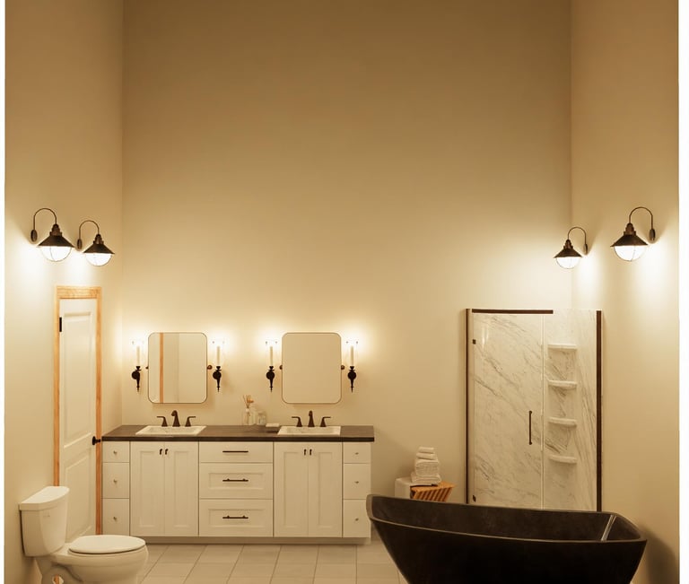 Rendered bathroom with white double vanity, black freestanding tub, and marble walk-in shower.