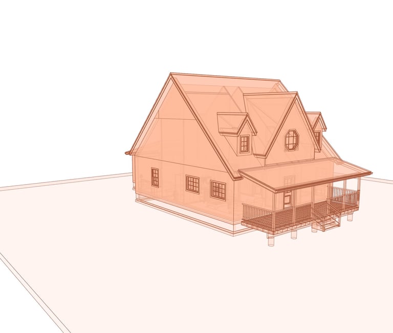 Wireframe image of a small house with steep roof and dormers.