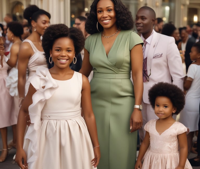 A cheerful nanny engaging happily with children at a lively wedding reception.