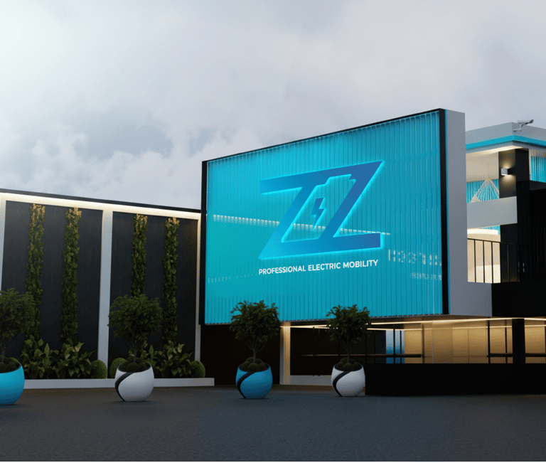 Modern professional electric mobility building with a glowing blue Z logo and charging station architecture.