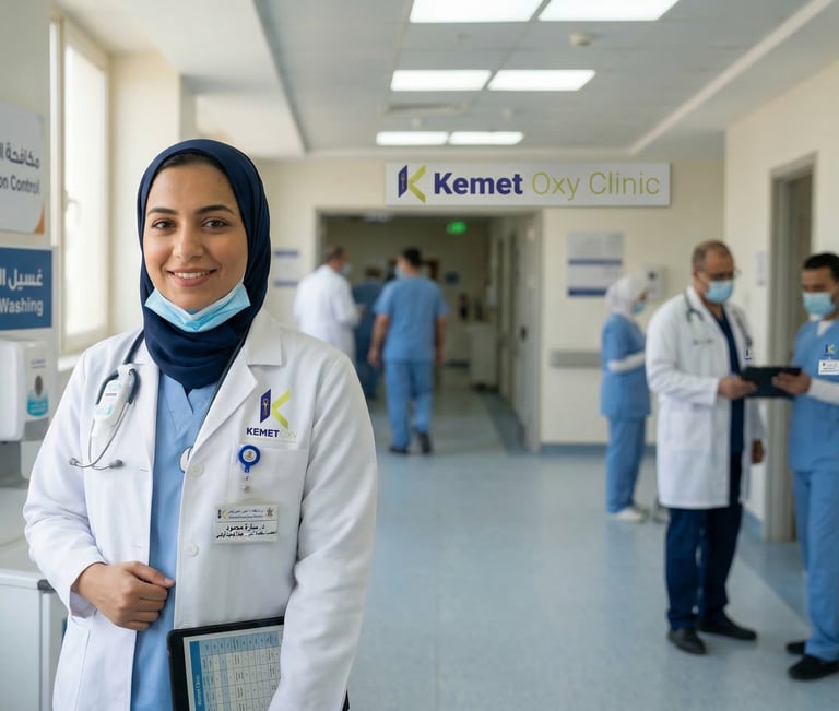 A smiling female doctor in stands in the Kemet Oxy Clinic hallway with medical staff.